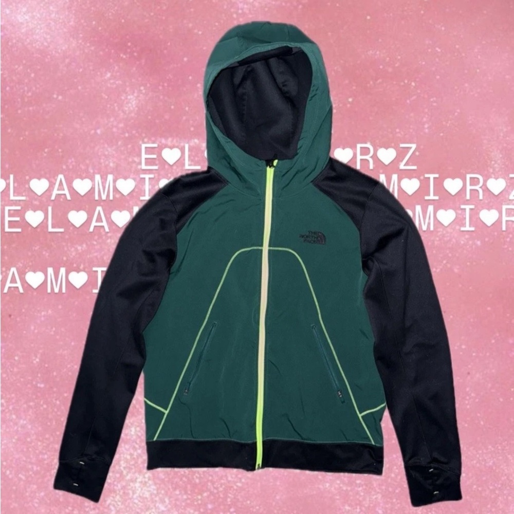 North Face Green Zip Up Jacket  with neon lining and thumb holes